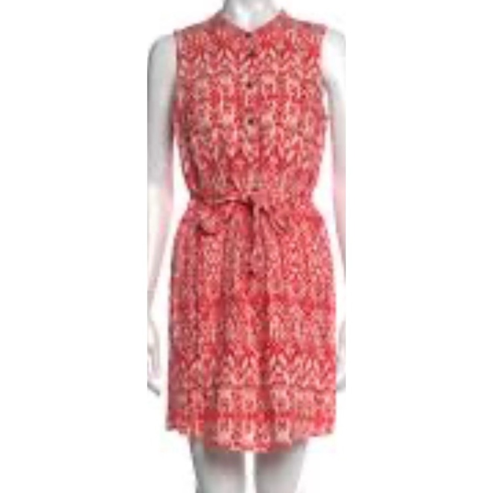 Cynthia Rowley Red Ikat Sleeveless Button Front Tie Waist Linen Blend Dress 6